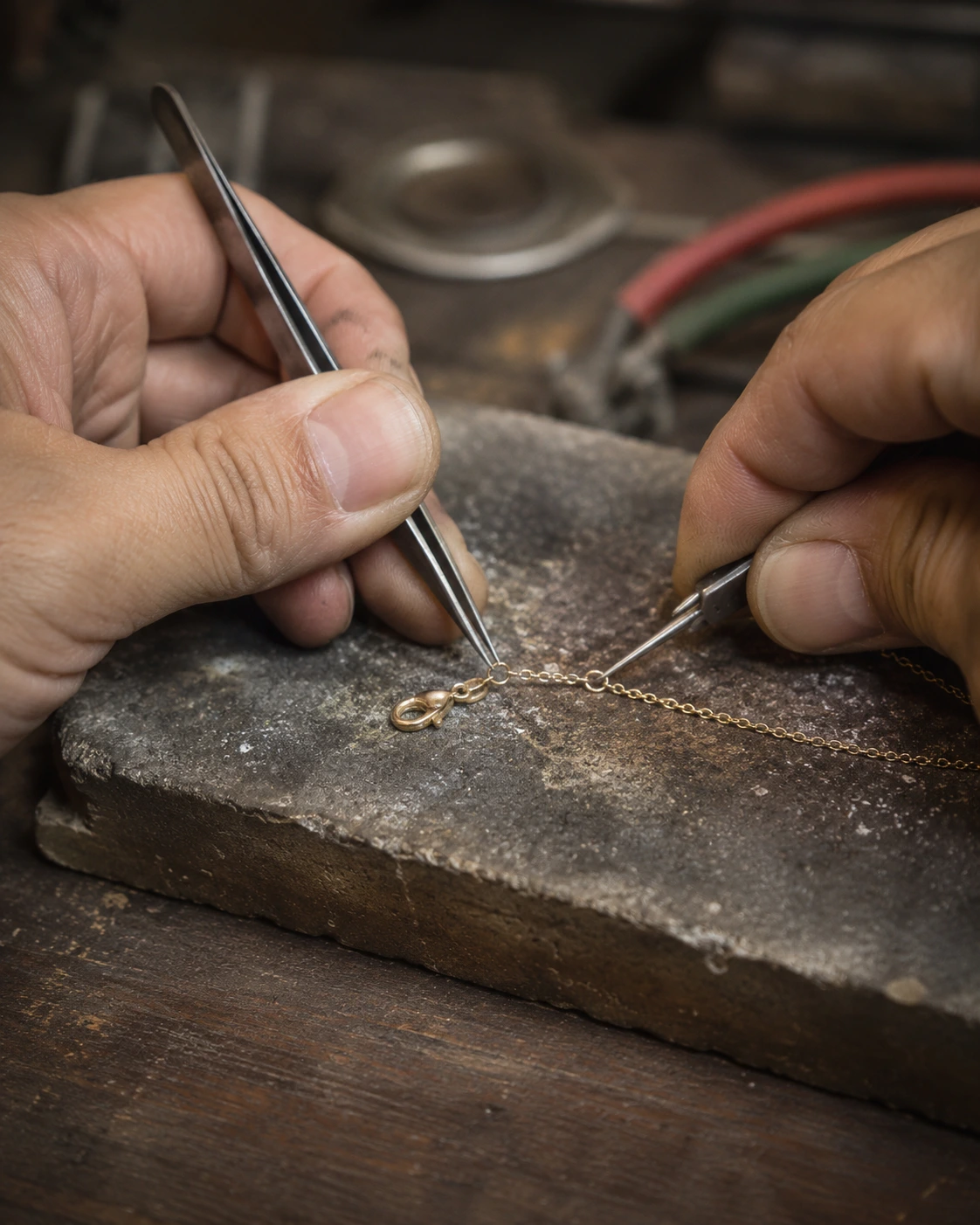 Jeweler's hands repairing a necklace clasp and chain link on a workbench