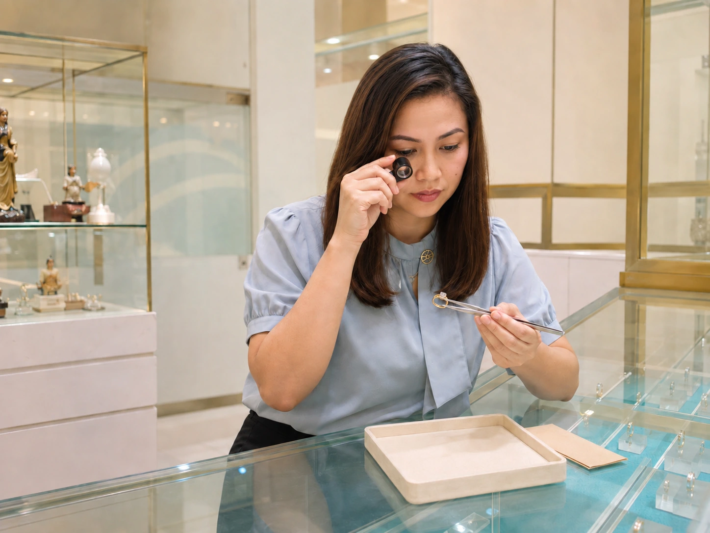 Jeweler examining a ring through a loupe with tweezers, preparing an assessment